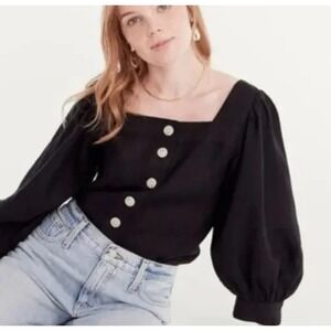 J. Crew Square Neck Button Up Top Linen XS Black Blouse Shirt Puff Sleeve Boho‎